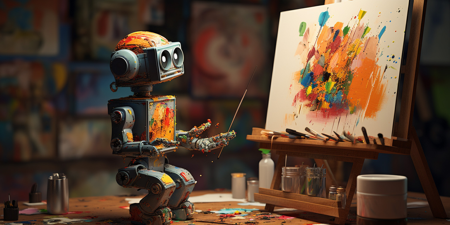 Robot painting on a canvas or easel, creativity, artifical intelligence, machine learning, graphic design, art, design, midjourney